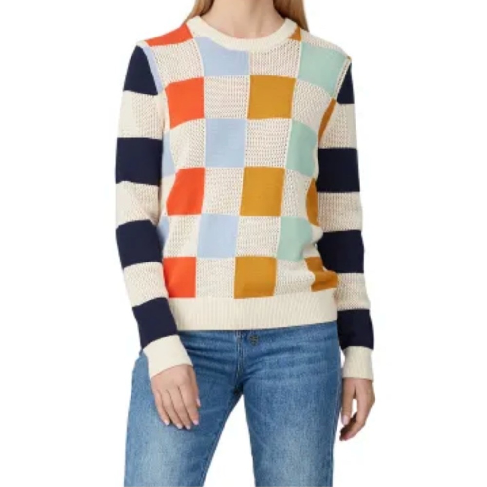 Tory Sport Colorblock Checker Knit Sweater in Ivory, Blue, Mustard & Coral - Picture 3 of 8